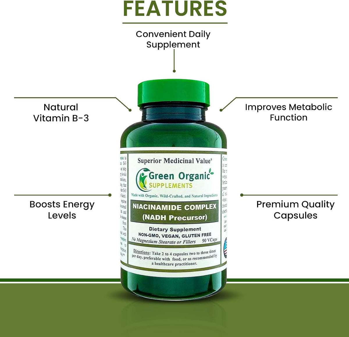 Green Organic Supplements Niacinamide, Niacin, NAD, NADH, High Absorption, Non-GM, Gluten-free (Pack of 4) - görsel 2