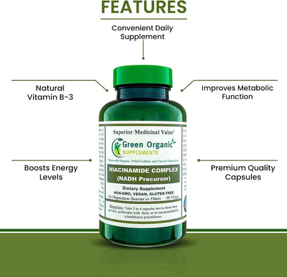 Green Organic Supplements Niacinamide, Niacin, NAD, NADH, High Absorption, Non-GM, Gluten-free (Pack of 4)