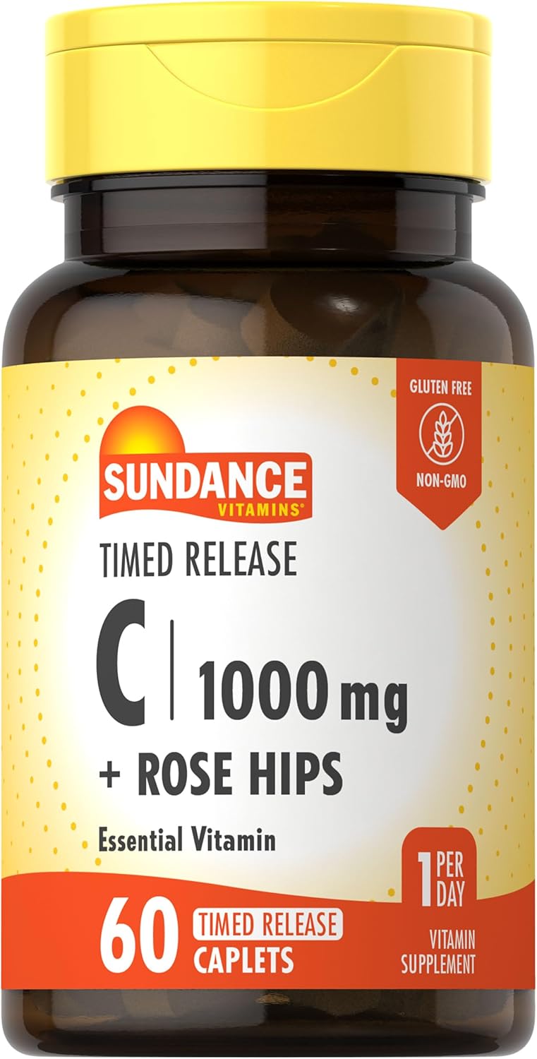 Sundance Vitamin C 1000mg with Rose Hips - 60 Coated Caplets - Timed-Release - Vegetarian, Non-GM, Gluten-Free - görsel 1