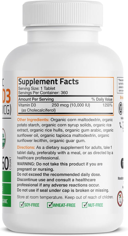 Bronson Vitamin D3 10,000 IU (250 mcg) Certified Organic High Potency Non-GMO Food Supplement, 360 Tablets