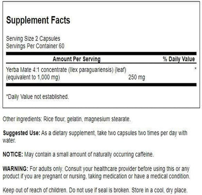 Swanson Yerba Mate (4:1) Energy & Vitality Support – 125 mg, 120 Capsules