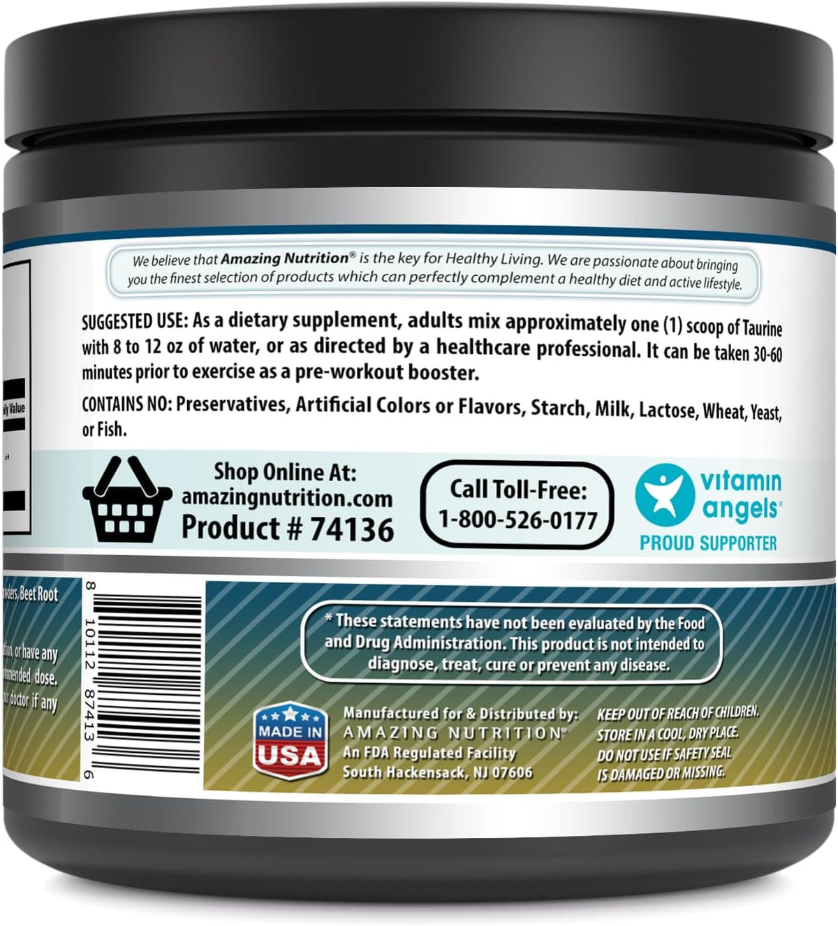 Amazing Formulae Taurine 500 g (1.1 lb) Powder Supplement | 2000 mg Per Serving | 111 Servings | Non-GMO | Gluten-free | Made in USA (Fruit Punch Flavour) - görsel 3