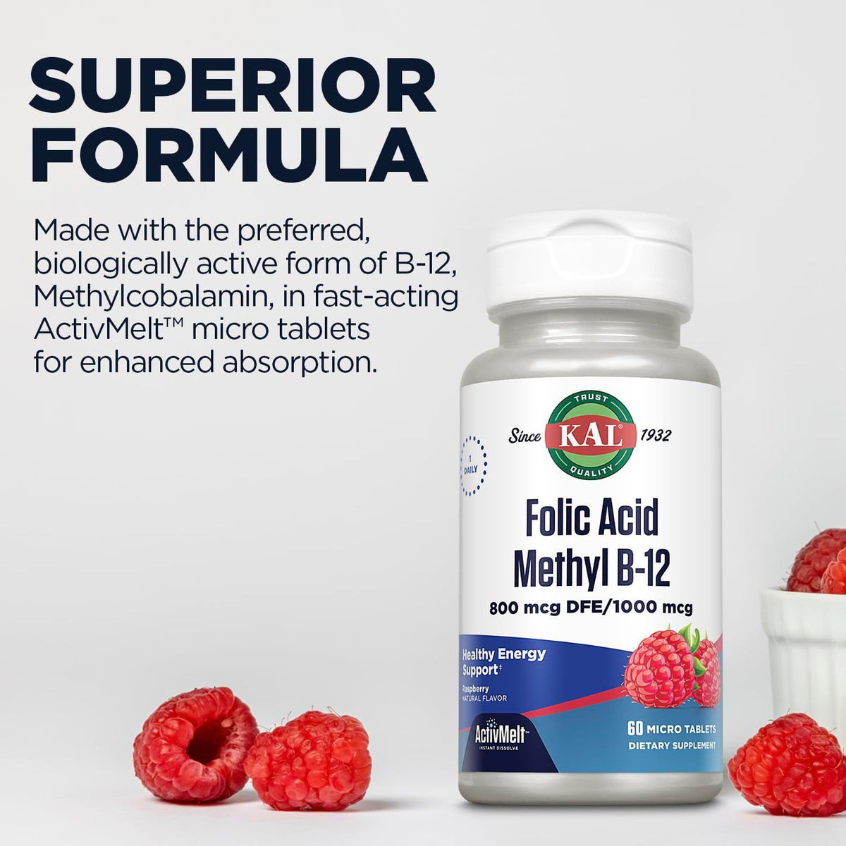 Kal 800 Mcg Folic Acid Methyl B-12 Tablets, Raspberry, 60 Count - görsel 5