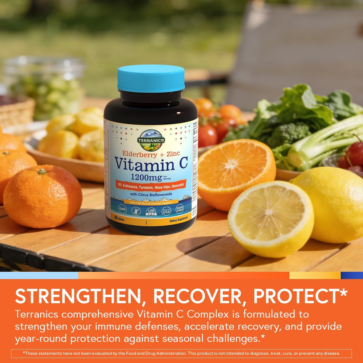 Terranics Vitamin C Elderberry Zinc, with Vitamin D3, A, B6, B12, Folate, Rose Hips, Citrus Bioflavonoids, Turmeric, Echinacea, 14-in-1 Daily Immune Support, 90 Tablets - görsel 4