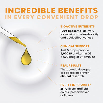 Pure Therapro Rx Vegan D3 + K2 Liposomal Drops, 5000 IU, 10 ml (3-Month Supply)