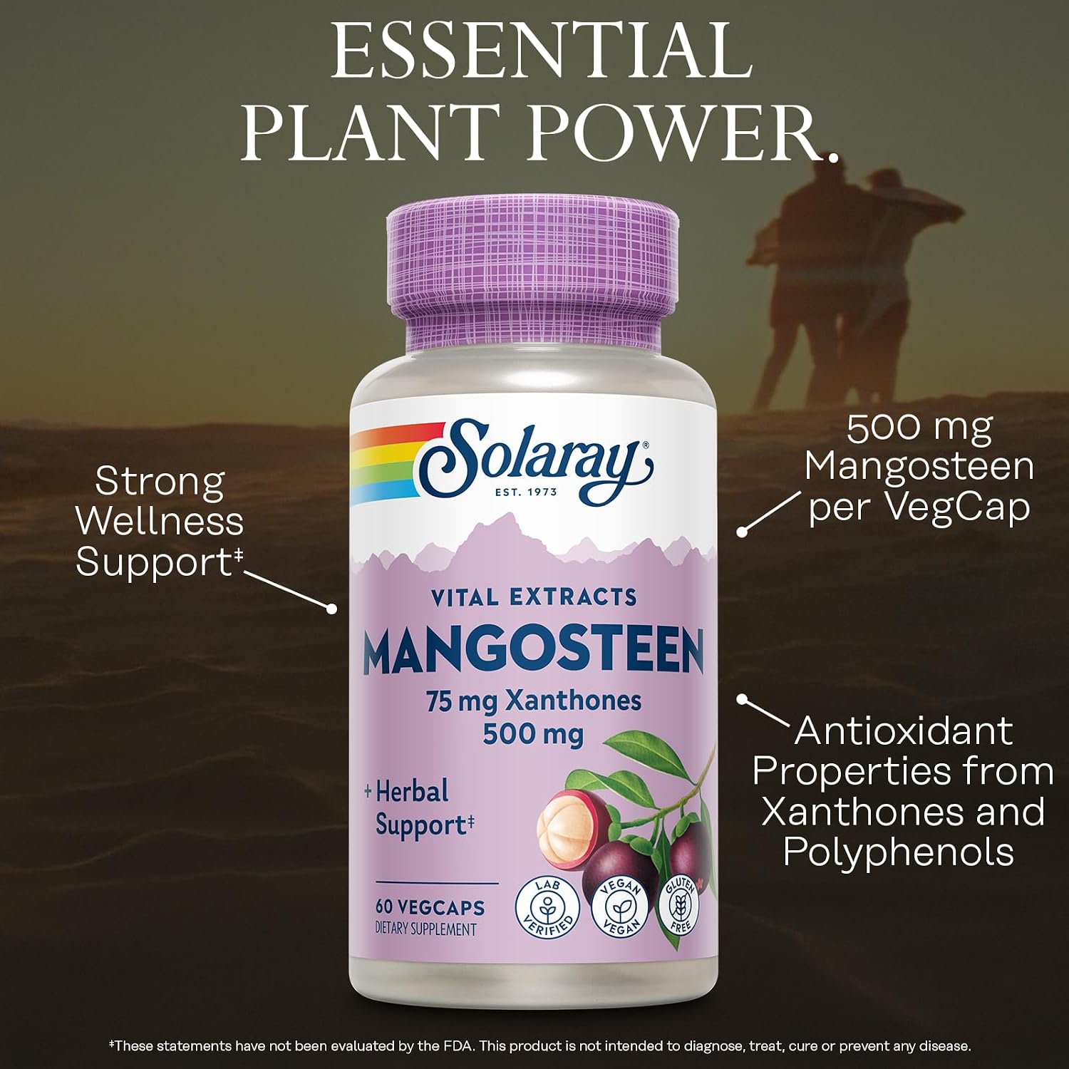 SOLARAY Vital Extracts Mangosteen 500mg - Herbal Supplement with Xanthones & Polyphenols, Vegan & Gluten Free, 60 VegCaps - görsel 3