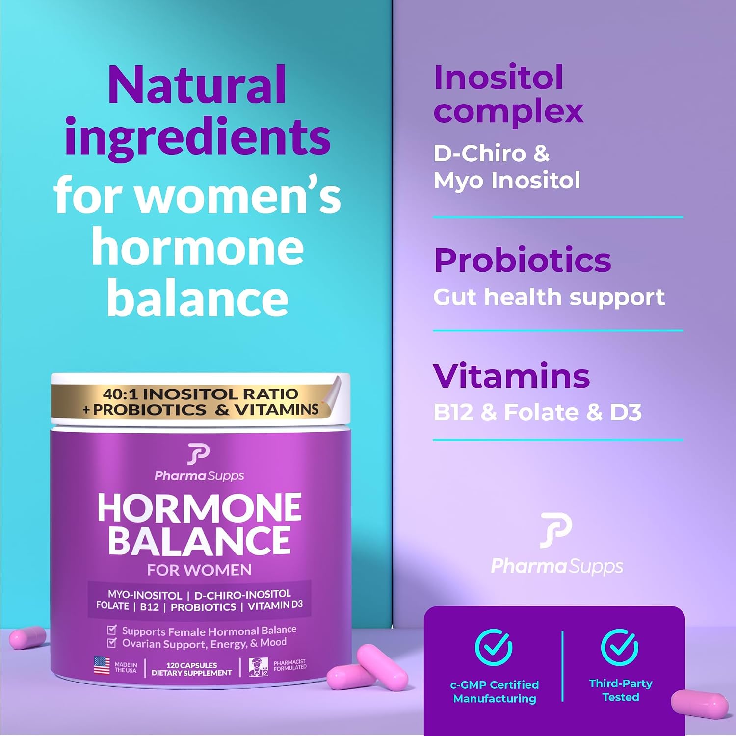 Inositol+ Hormonal Balance Supplement – 40:1 Myo/D-Chiro Inositol with Probiotics (240 Capsules) - görsel 3