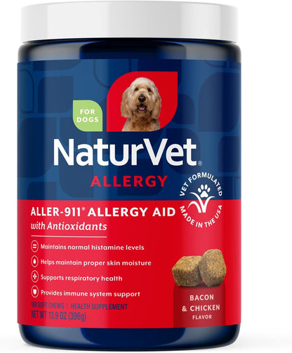 NaturVet Aller-911 Advanced Allergy Aid for Dogs and Cats – Antioxidant-Rich Pet Supplement with Omegas, DHA, EPA – Supports Normal Immune System, Skin Moisture and Coat Health – 180 Soft Chews