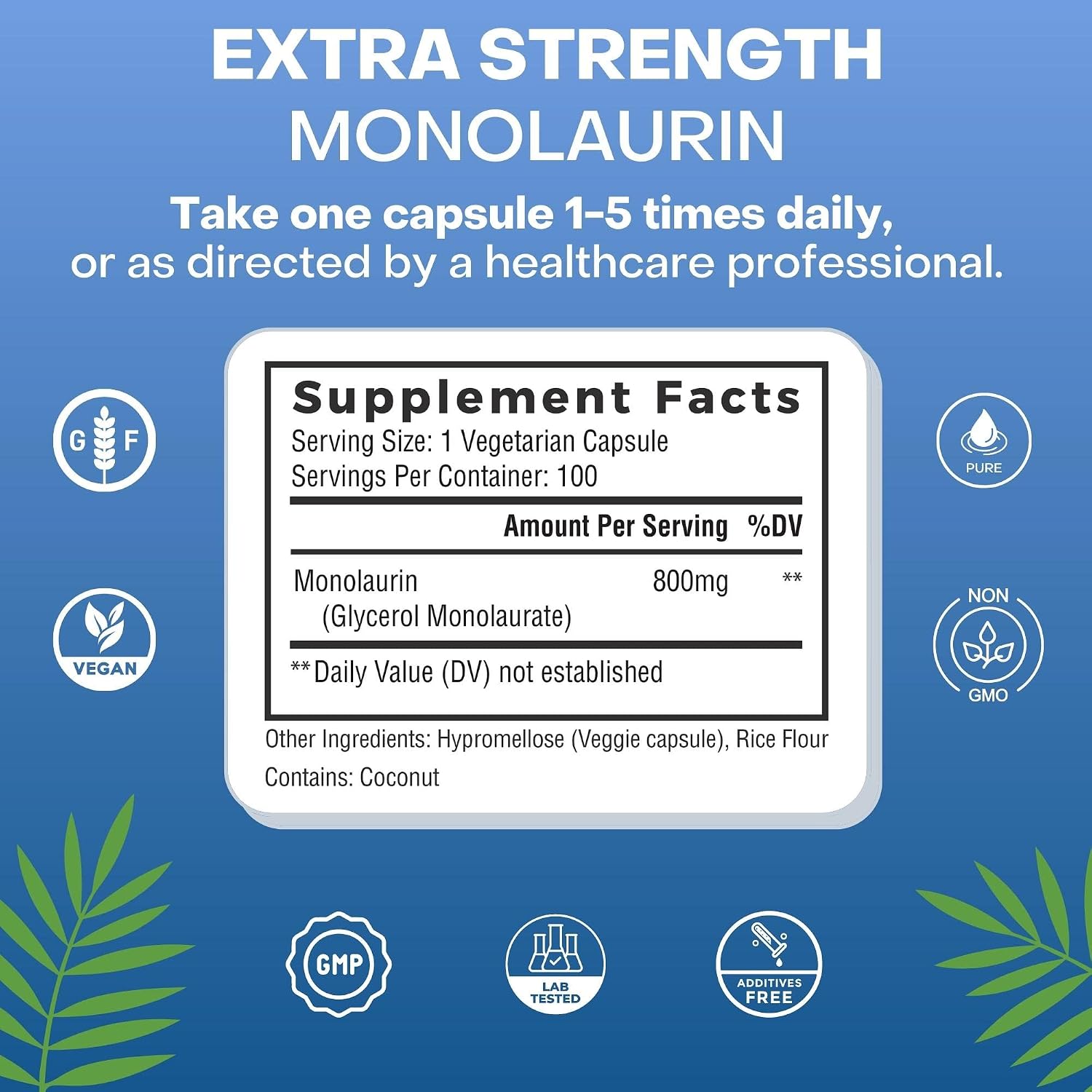 Palmara Health Extra Strength Monolaurin, 1600 mg per Serving, 800 mg per Capsule, 100 Capsules - görsel 6
