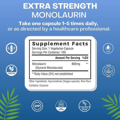 Palmara Health Extra Strength Monolaurin, 1600 mg per Serving, 800 mg per Capsule, 100 Capsules