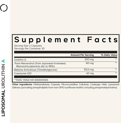 Codeage Liposomal Urolithin A Supplement 500mg Per Serving + Resveratrol, Betaine, CoQ10, Ellagitannins - A New Frontier Beyond NADH, NMN, NAD, NR, and PQQ Vitamins - Bio-available - 60 Capsules