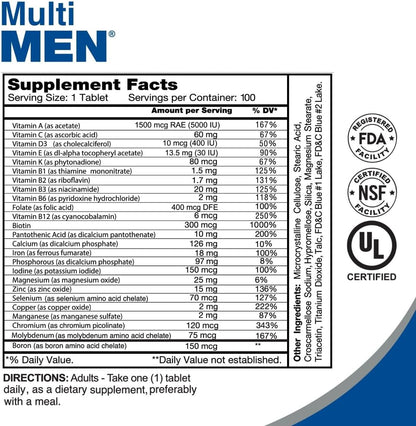 ALFA VITAMINS Multi Men Vitamins Food Supplement with Essential Vitamins & Minerals for Men - Amino Acids + Antioxidants - 100 Tablets