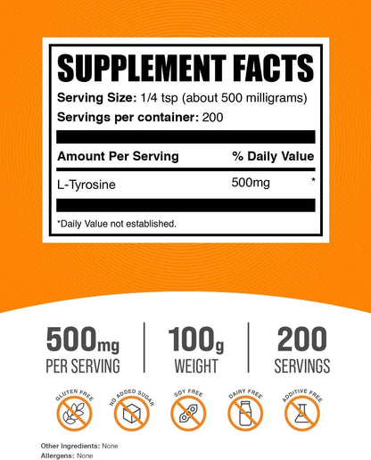 BulkSupplements L-Tyrosine Powder - 500mg per Serving, Unflavoured, 100g
