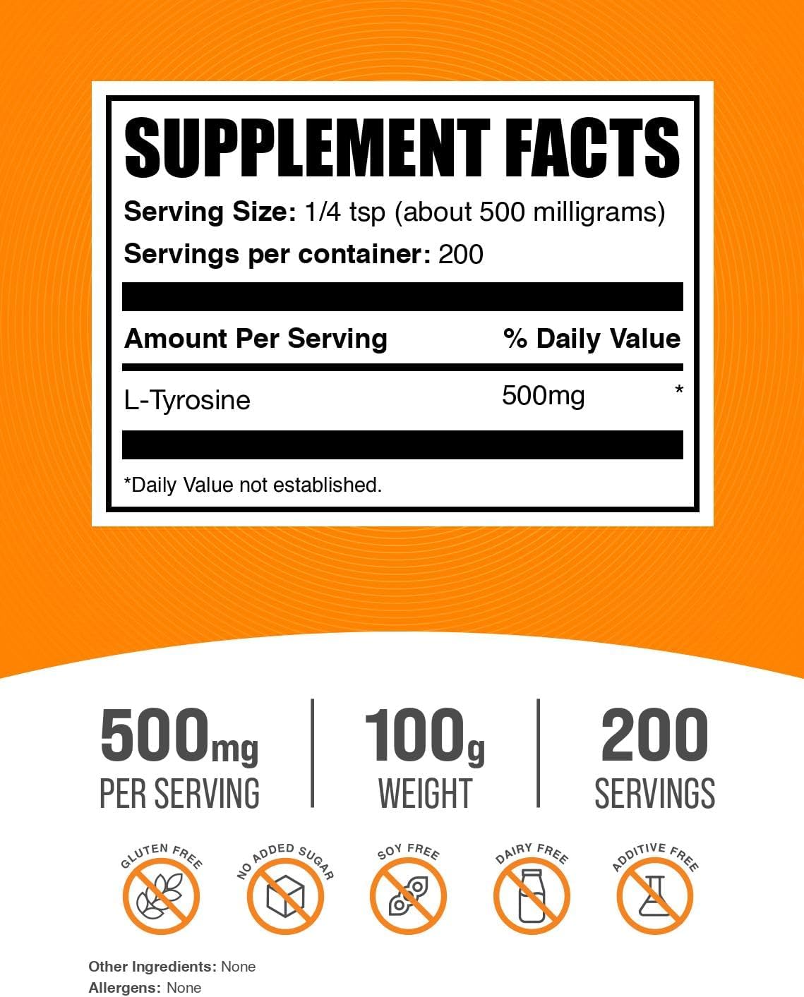 BulkSupplements.com L-Tyrosine Powder - 500mg per Serving, 100g - görsel 2