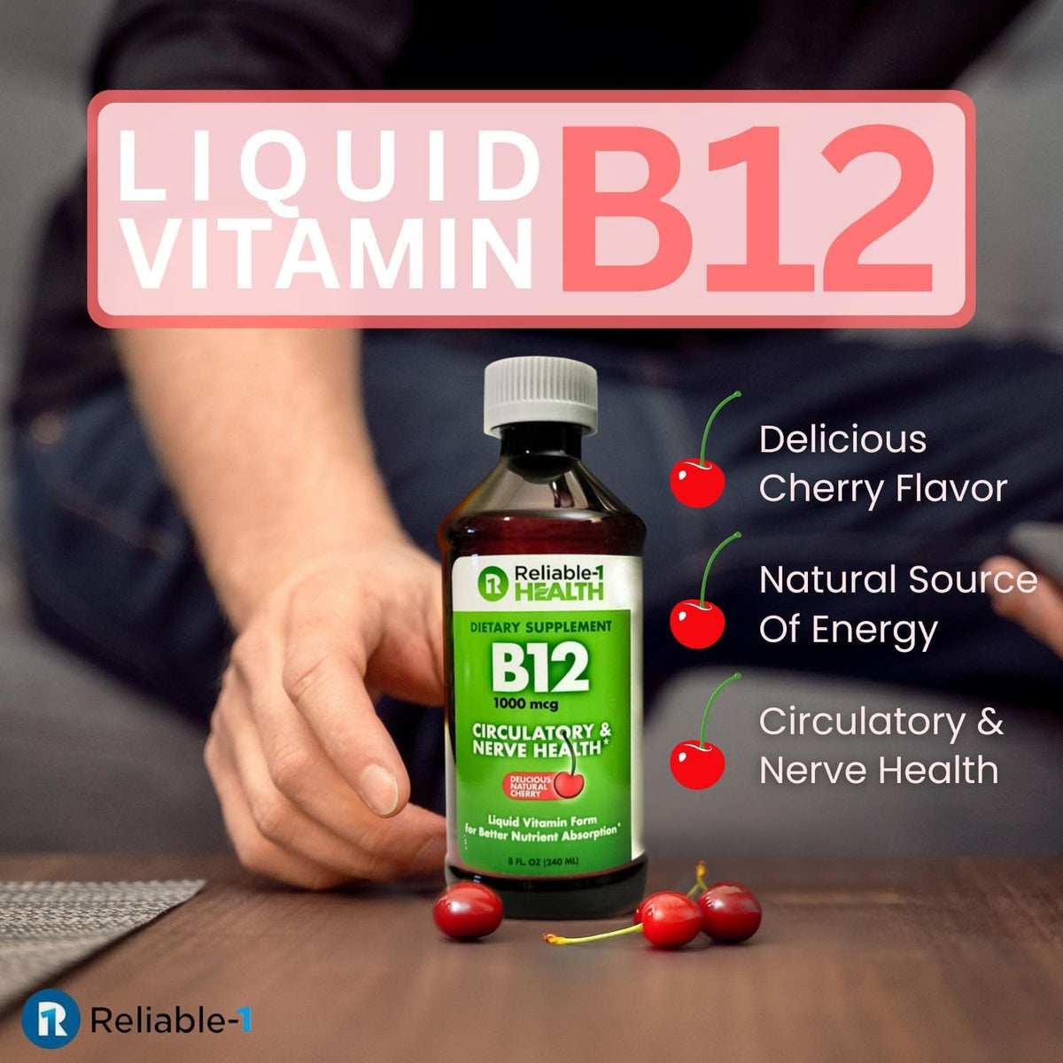Reliable-1 Laboratories Liquid Vitamin B12 Daily Supplement 1000mcg for Adult Men & Women - Natural Cherry Flavour - görsel 2