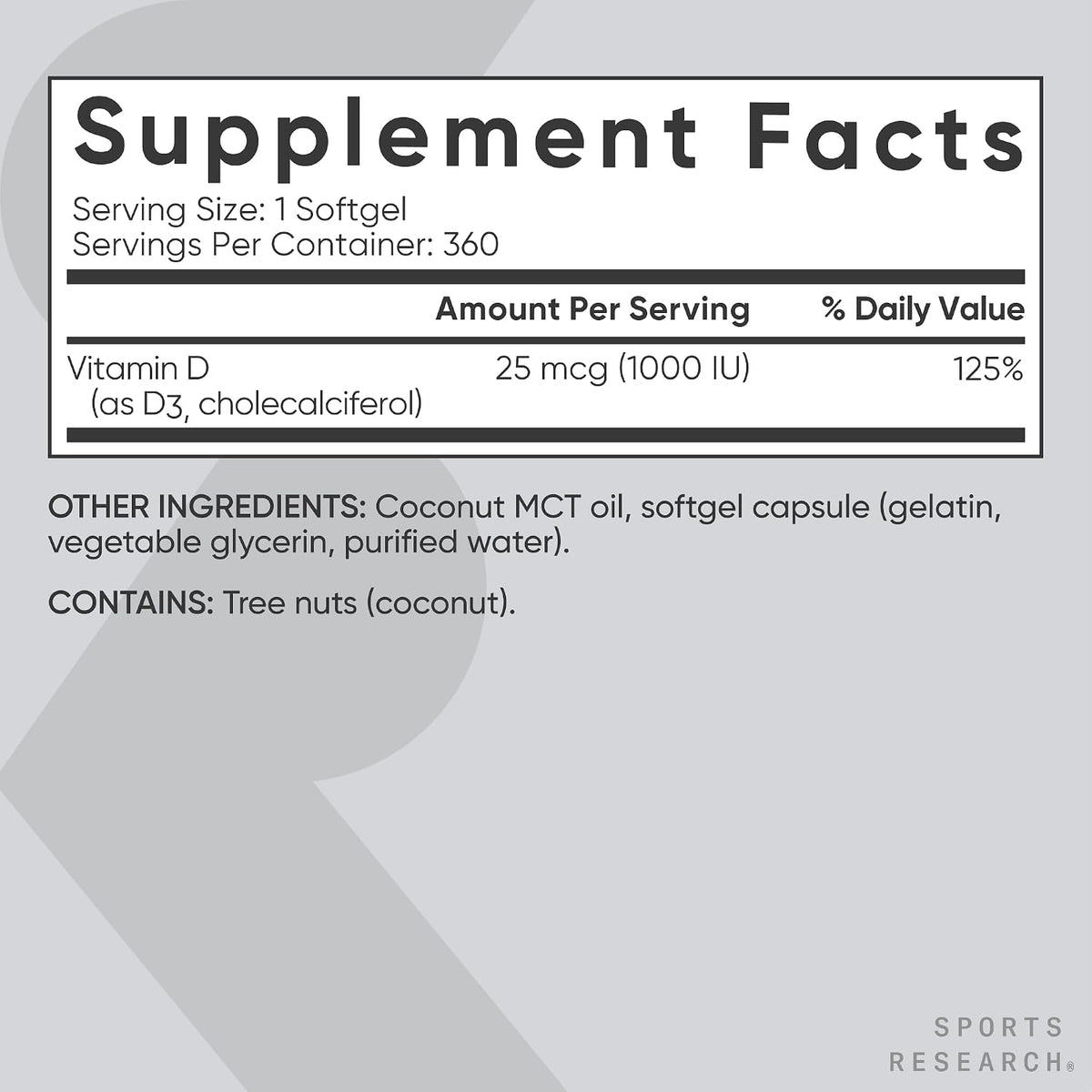 Sports Research Vitamin D3 1000 IU with Coconut MCT Oil - 360 Softgels - görsel 5