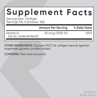 Sports Research Vitamin D3 1000 IU with Coconut MCT Oil - 360 Softgels