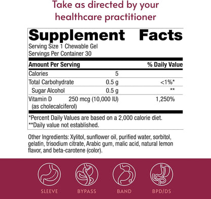 Bariatric Advantage Vitamin D3 Chewable Gels, 10,000 IU – Bone Health Support for Bariatric Patients – Natural Lemon Flavour – 30 Count