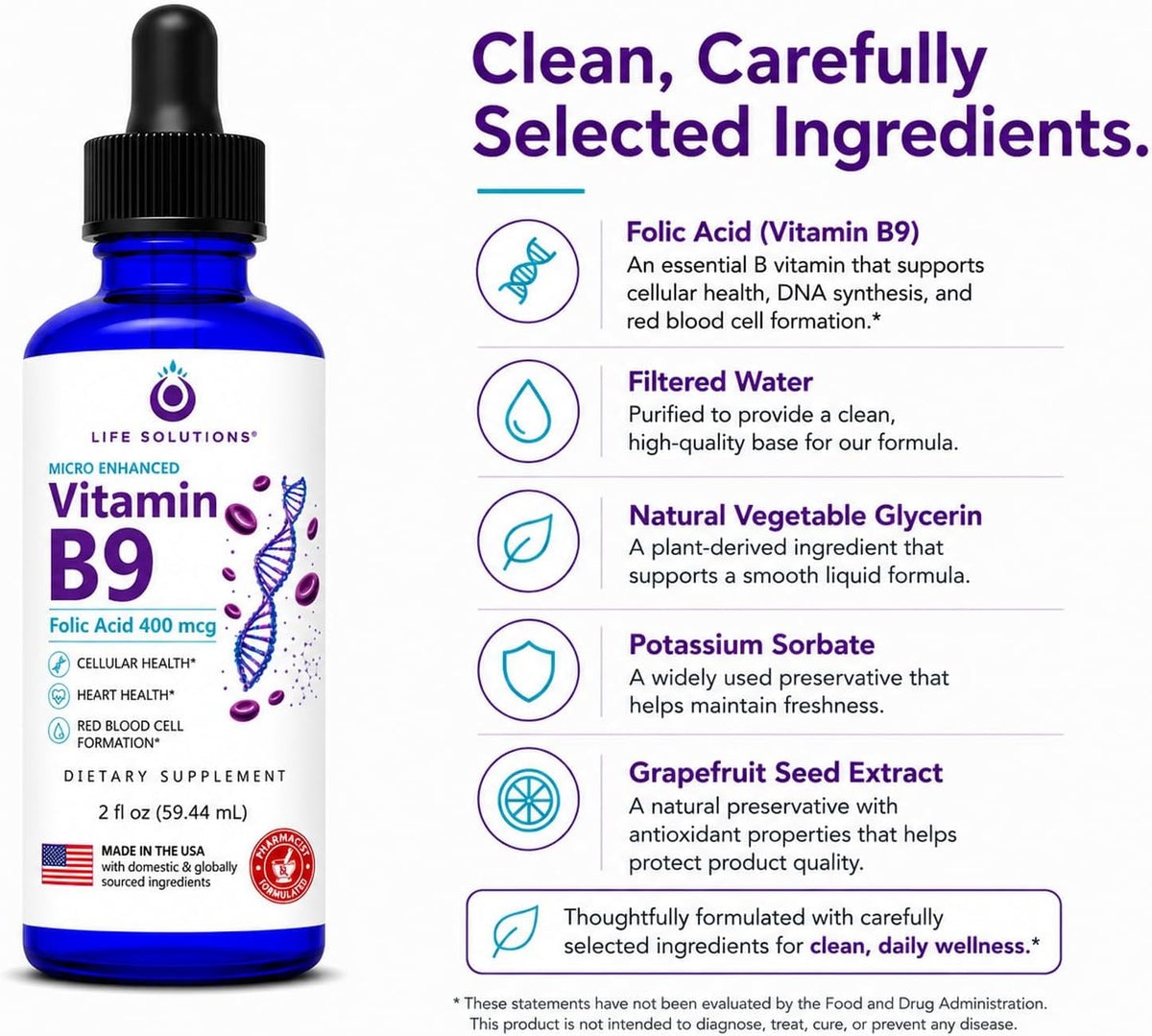 Life Solutions Vitamin B9 Liquid Drops, Folic Acid 400 mcg, 60 ml - görsel 4