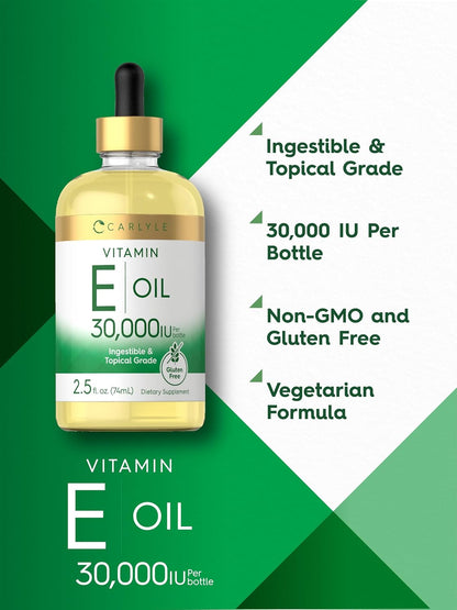 Carlyle Vitamin E Oil | 30,000 IU | 75 ml | Oral & Topical | Moisturising for Skin | Vegetarian, Non-GMO, Gluten-free Supplement