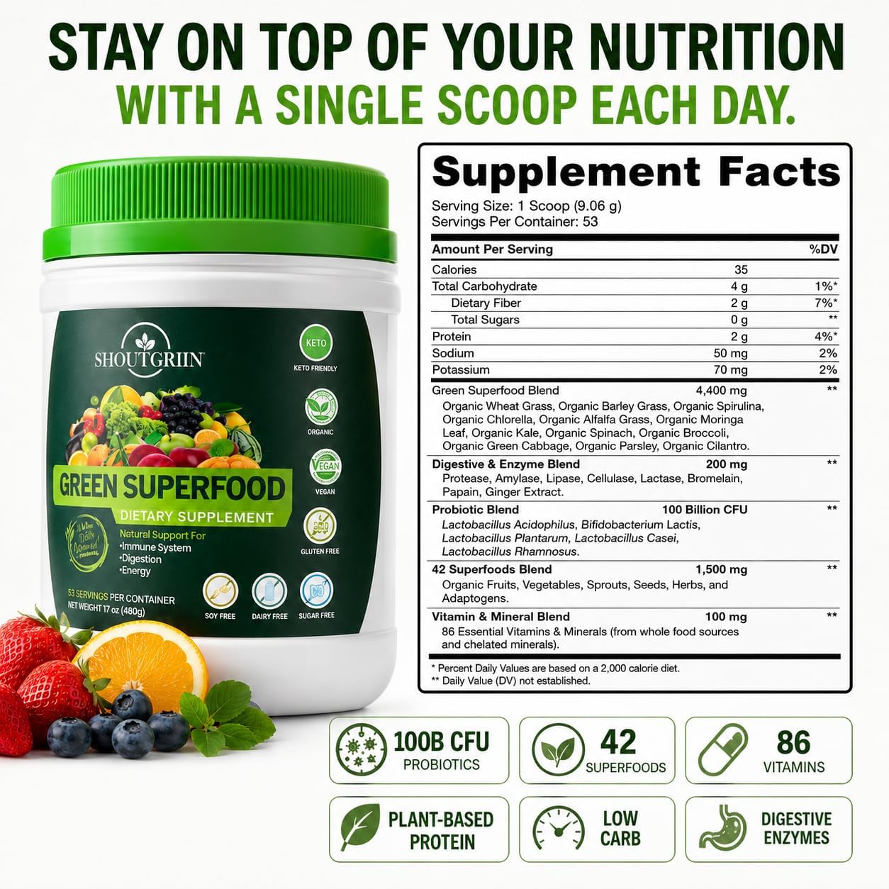 SHOUTGRIIN Green Superfood Powder – Organic Super Greens with 100 Billion CFU Probiotics & Digestive Enzymes - görsel 2