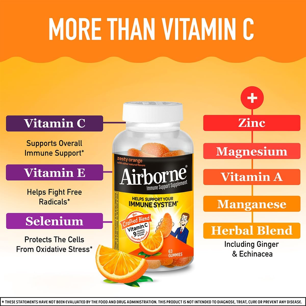 Airborne 750mg Vitamin C Immune Support Gummies, Zesty Orange, 63 Gummies (3-Pack) - görsel 6
