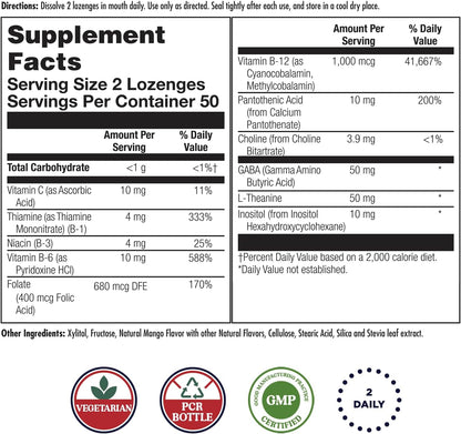 KAL GABA L-Theanine Stress B Lozenge - B Complex Vitamin Supplement for Stress Relief, Mood and Focus Support, Natural Mango Tangerine Flavour, Vegan, 100 Lozenges
