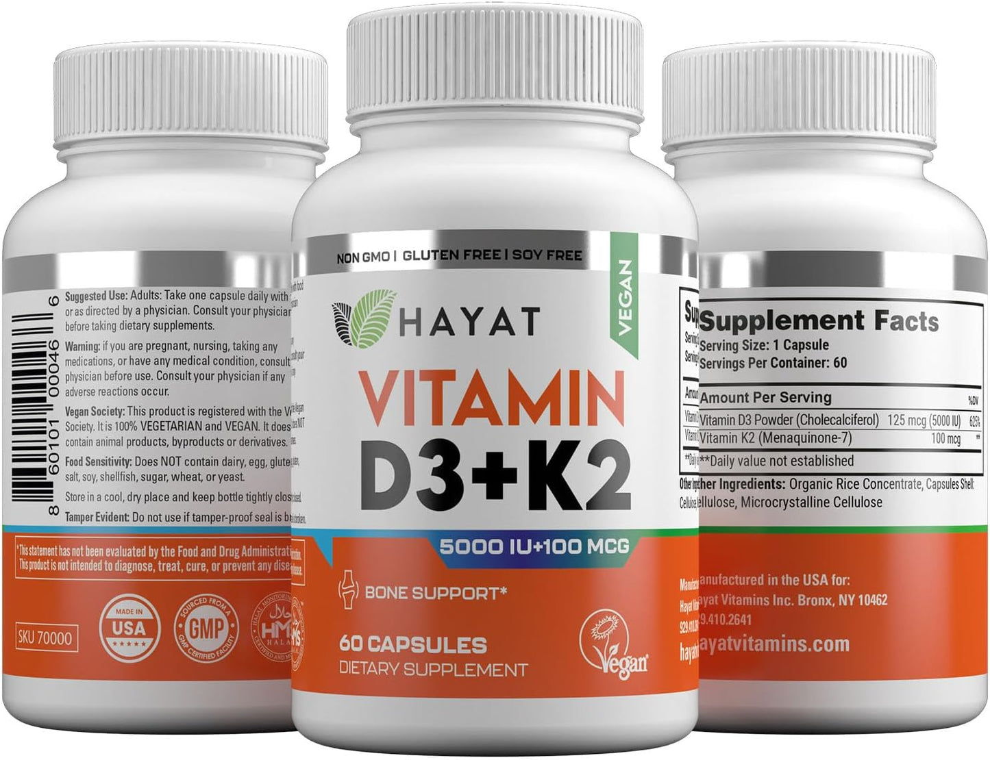 HAYAT Vitamins Vegan Vitamin D3+K2 (5000 IU + 100 mcg) – 60 Capsules - görsel 4