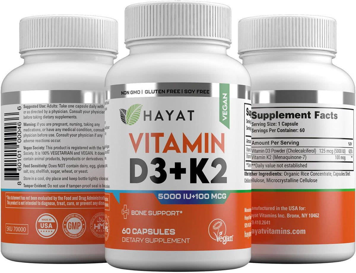 HAYAT Vitamins Vegan Vitamin D3+K2 (5000 IU + 100 mcg) – 60 Capsules - görsel 4