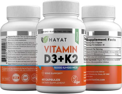 HAYAT Vitamins Vegan Vitamin D3+K2 (5000 IU + 100 mcg) – 60 Capsules