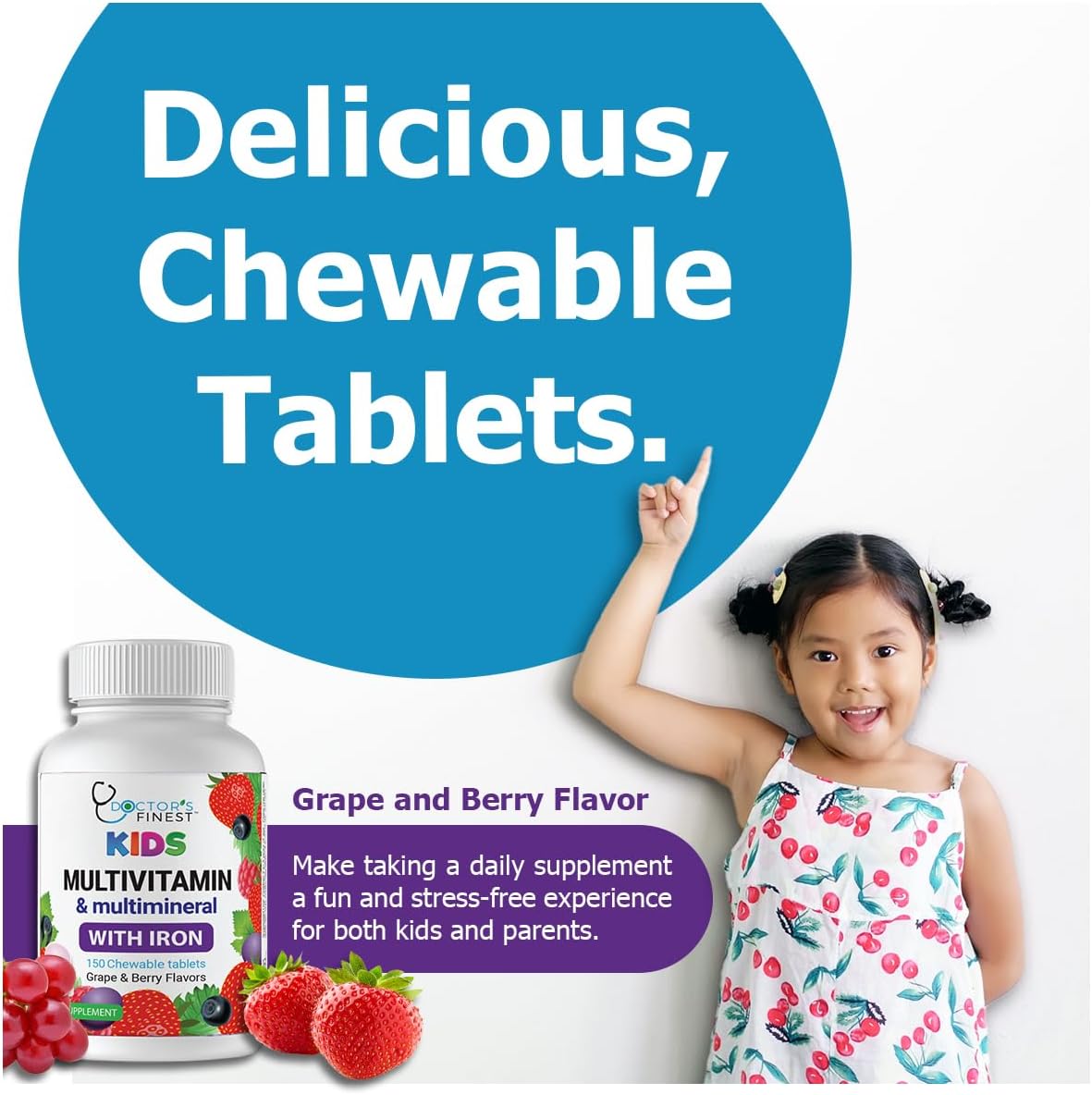 Doctor's Finest Kids Multivitamin & Multimineral with Iron, Grape & Berry, 150 Chewable Tablets - görsel 3