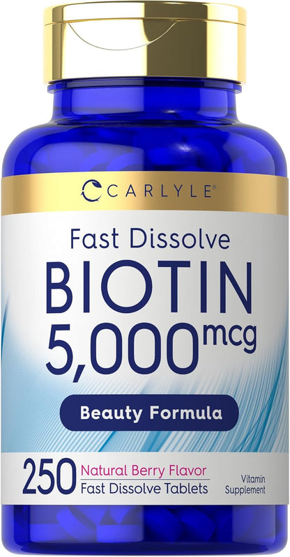 Carlyle Biotin 5000mcg Fast Dissolve Tablets, 250 Count – Vegetarian, Non-GMO, Gluten-free