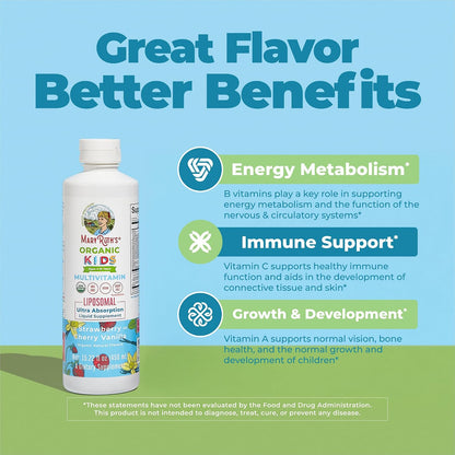 MARYRUTH'S Organic Kids Multivitamin Liposomal | Sugar Free Multivitamin for Kids | Immune Support | Bone Health | Cognitive Support | Overall Wellness | USDA Organic | Vegan | Non-GMO | 450 ml