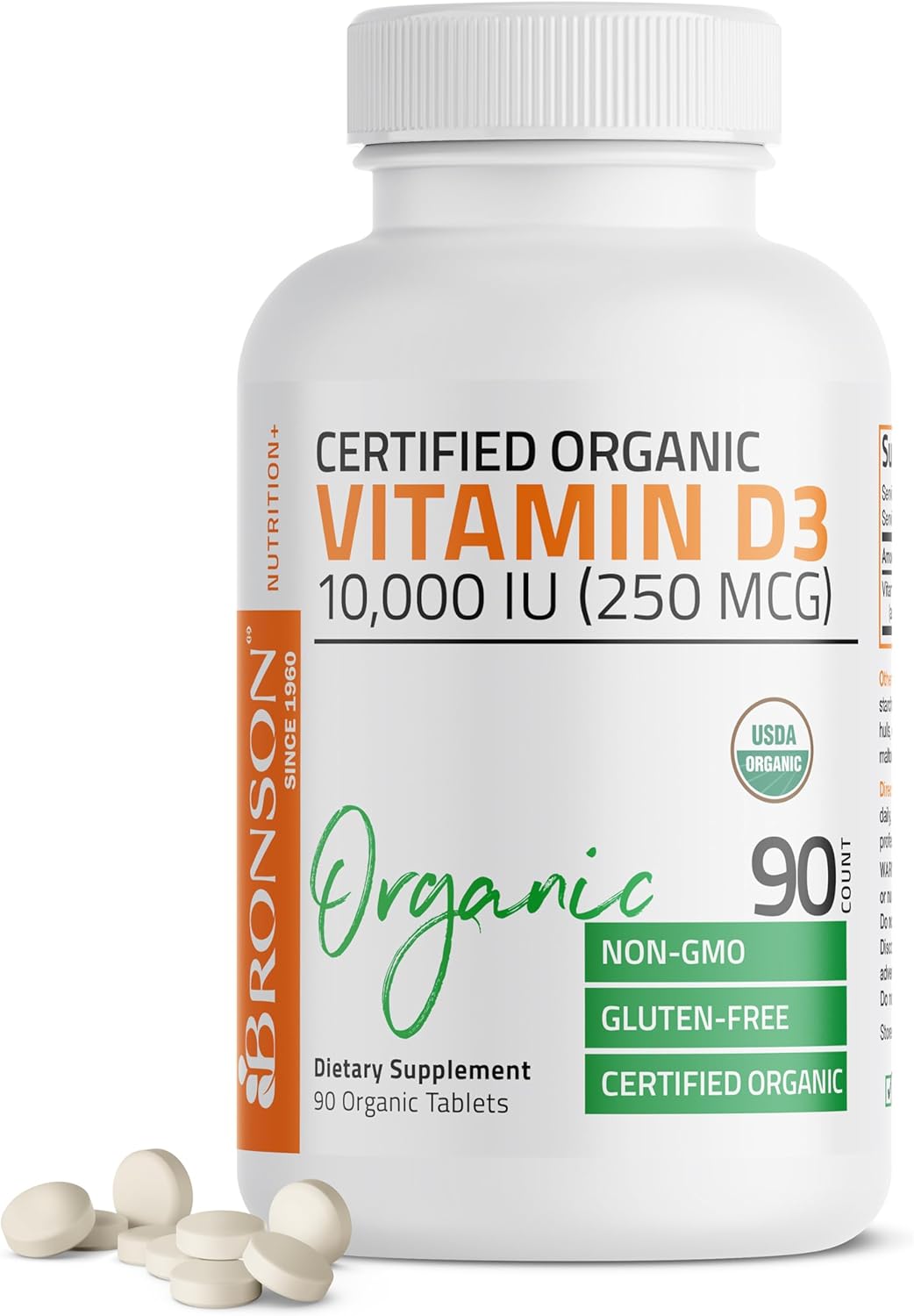 Bronson Vitamin D3 10,000 IU - Organic Non-GM Supplement for Immune & Bone Health, 90 Tablets - görsel 1
