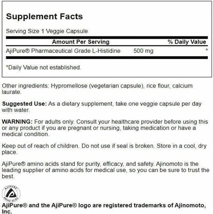 Swanson L-Histidine - Featuring Ajipure 500 mg 60 Veg Caps (Pack of 2)