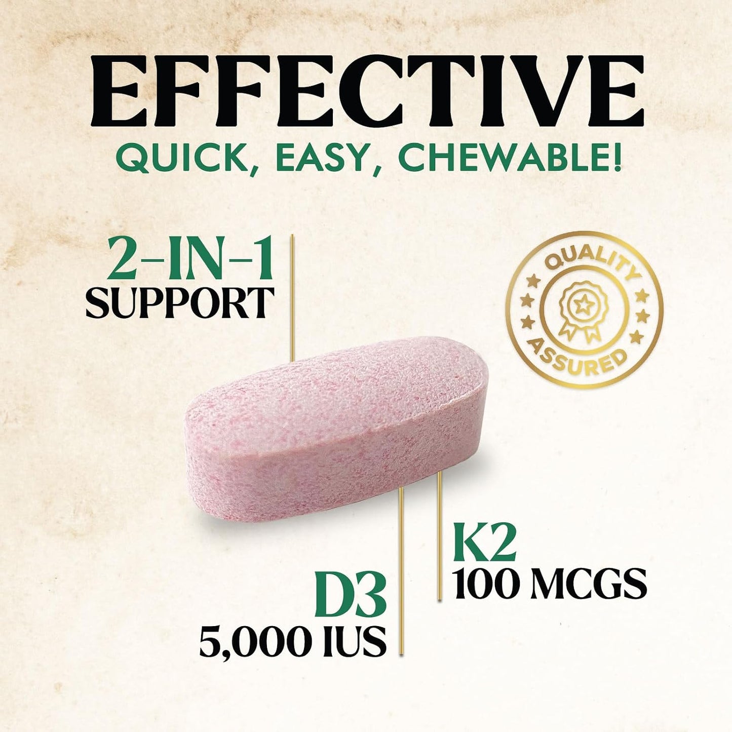 Vitamin D3 K2 Supplement | 5000 IU D3 + 100 mcg K2 (MK-7) | Chewable Tablets - Berry Flavour - görsel 3