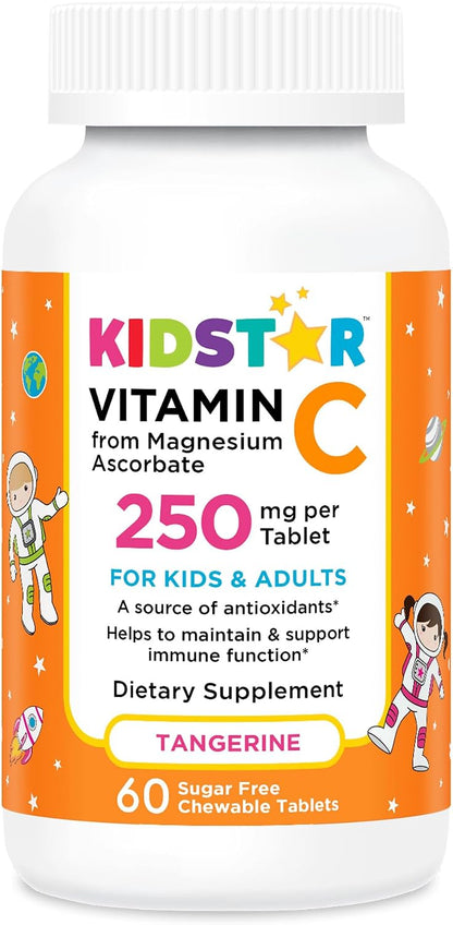 KidStar Nutrients Vitamin C Chewable Tablet, Sugar-Free, Tangerine Flavour, 250mg Magnesium Ascorbate, 60 Tablets
