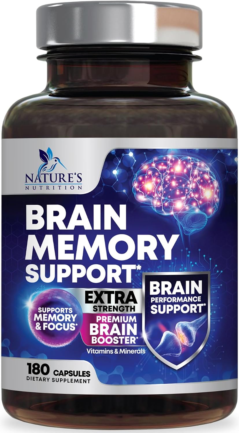 Nature's Nutrition Brain Memory Supplement - 3X Strength Nootropics for Focus, Clarity & Memory, 180 Capsules - görsel 1