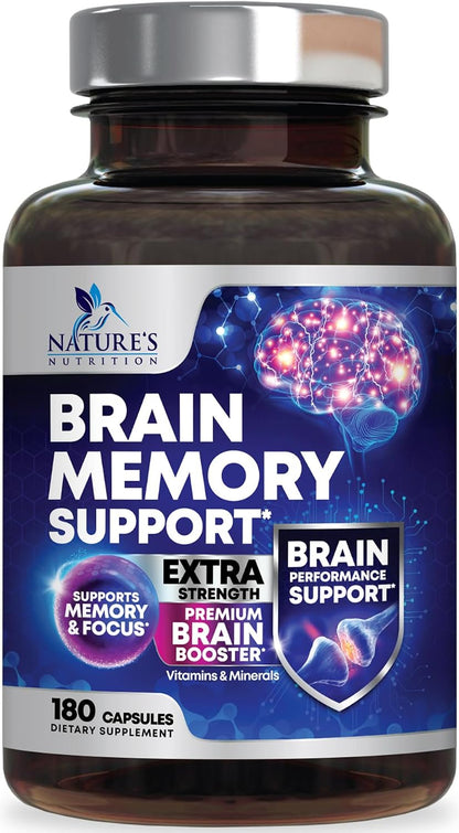 Nature's Nutrition Brain Memory Supplement - Triple Strength Nootropics for Concentration, Clarity and Focus Support – 120 Capsules
