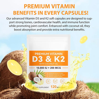 Vitamin D3 K2 Supplement Soft gel capsules, 10,000 IU D3 + 200 mcg K2 (MK-7) | 2-in-1 Replenish Formula with Coconut Oil, Supports Calcium Absorption, Easy to Swallow 120 Capsules