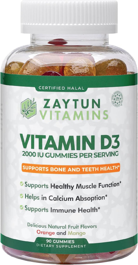 Zaytun Halal Vitamin D3 2000 IU Gummies – Supports Bone, Immune & Muscle Health – Gluten & Gelatine Free – Natural Fruit Flavours – 90 Gummies