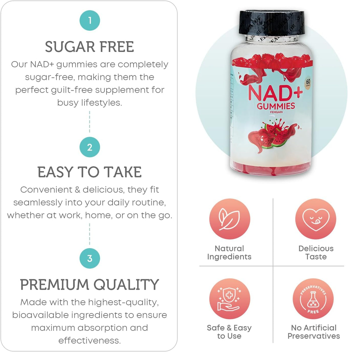 FEMGAIN NAD Gummies, 1000mg NAD+ Supplement - Sugar-Free Nicotinamide Riboside & Resveratrol, Watermelon Flavour – Image 5