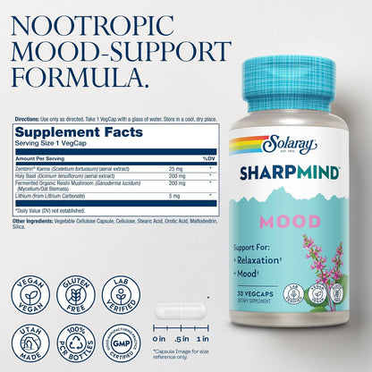 SOLARAY SharpMind Mood Support Supplement - Nootropic for Relaxation and Emotional Wellbeing with Zembrin, Holy Basil, Lithium 5mg, Organic Reishi Mushroom - 30 VegCaps