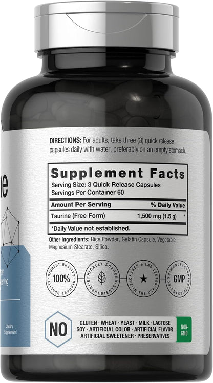 Horbäach Taurine 1500mg | 180 Capsules | Amino Acid Supplement | Non-GMO and Gluten-free