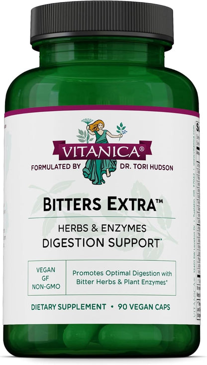 Vitanica Bitters Extra - Digestion Support Supplement with Dandelion Root - Digestive Enzymes & Ginger Root - 90 Capsules