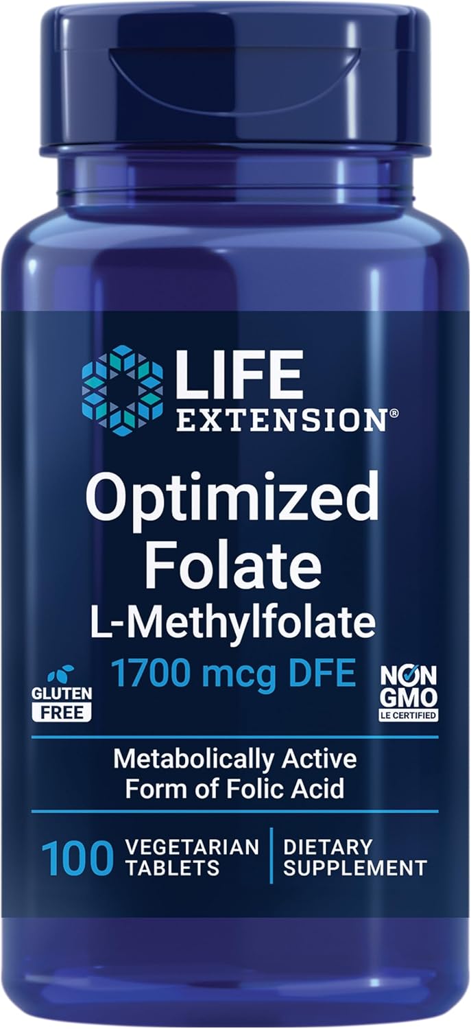 Life Extension Optimised Folate – L-Methylfolate – Heart & Brain Support, Healthy Homocysteine Levels – 1700 mcg DFE, 100 Vegetarian Tablets - görsel 1