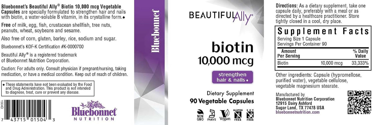 Bluebonnet Nutrition Beautiful Ally Biotin 10,000 mcg, 90 Vegetable Capsules - görsel 2