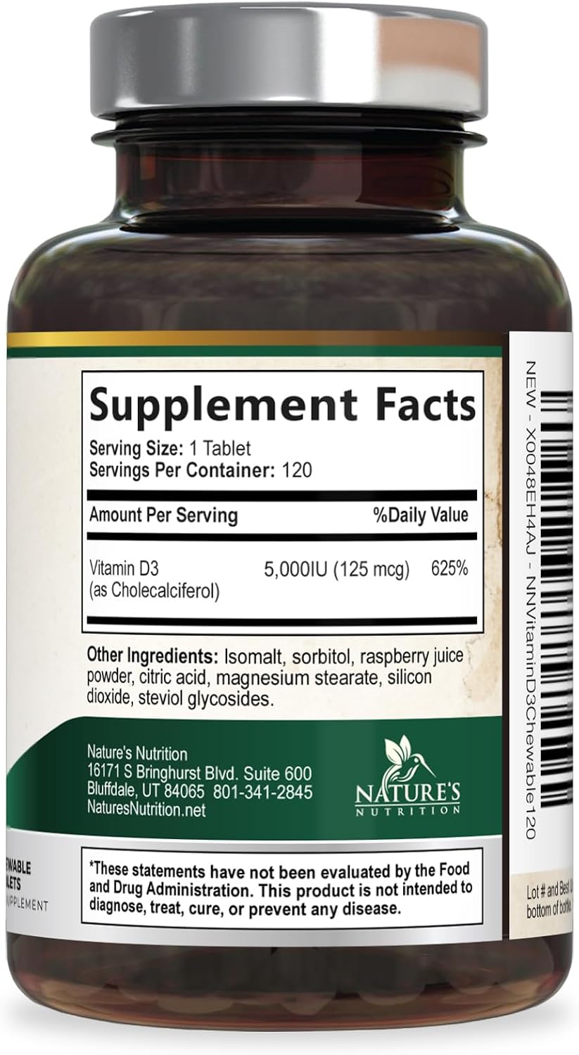 Nature's Nutrition Vitamin D3 5000 IU (125 mcg) Chewable Tablets – Extra Strength for Immune, Bone & Muscle Support – Sugar-Free, Gluten-free – 120 Count - görsel 9