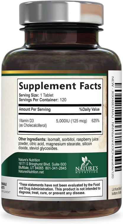 Nature's Nutrition Vitamin D3 5000 IU (125 mcg) Chewable Tablets – Extra Strength for Immune, Bone & Muscle Support – Sugar-Free, Gluten-free – 120 Count