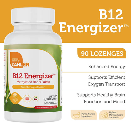 Zahler Energizer - Folate and Vitamin B12 Food Supplement - Fast Dissolving Cherry Lozenges with Methyl B12 (90 Lozenges)